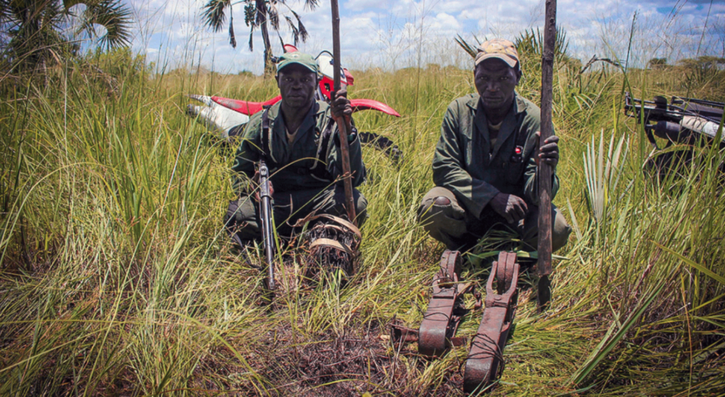 Men holding rifles and wire snares in tall grass in rural Africa associated with bushmeat poaching